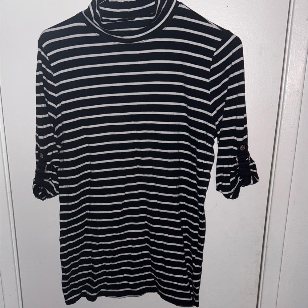 Anne Klein Black and White Striped Long Sleeve Top